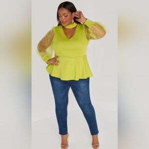 Ashley Stewart Neon Lime Sleeveless Peplum Top Size 14/16